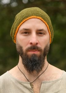 Wool cap, crocheted, green-yellow