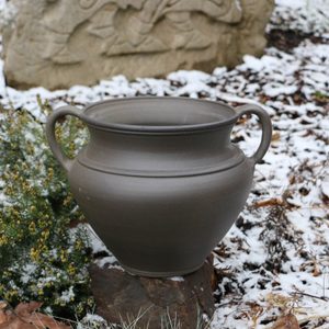DOUBLE-EARED VASE influenced by antique patterns, Celtic graphite ceramic