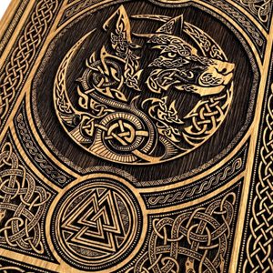 Fenrir et Valknut- Décoration murale loup, bois 32x46 cm