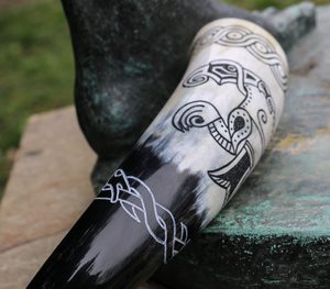 VIKING RAVEN, carved Drinking Horn