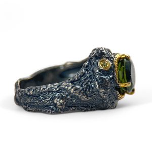 HERCINIA Silver Ring with Moldavite and Garnet, Ag 925/1000