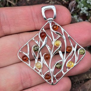 Autumn tree, silver pendant with amber, Ag 925