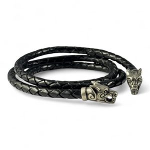 VIKING WOLF BRAIDED LEATHER BOLO, leather and pewter