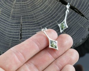 JASNA, amber, earrings, green, sterling silver