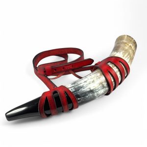 Blowing Horn with leather holder deluxe 38cm, red