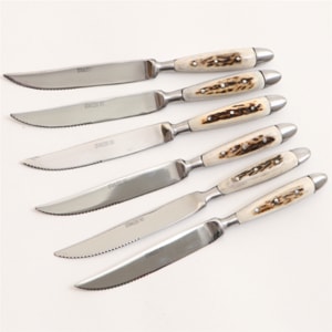 STEAK KNIVES SET OF 6 PIECES, FLAT HANDLE, ANTLER - KITCHEN KNIVES{% if kategorie.adresa_nazvy[0] != zbozi.kategorie.nazev %} - WEAPONS - SWORDS, AXES, KNIVES{% endif %}