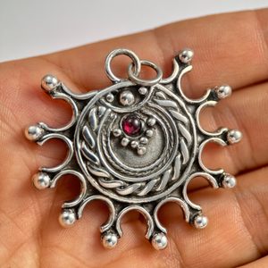 DEVANA, Slavic solar pendant, silver - garnet