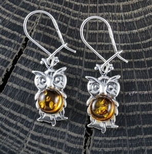HIBOU, ambre, boucles d'oreilles, argent
