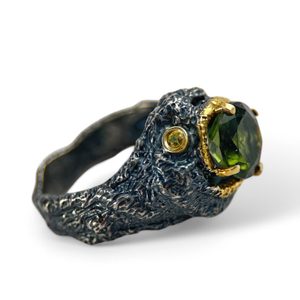 HERCINIA Silver Ring with Moldavite and Garnet, Ag 925/1000