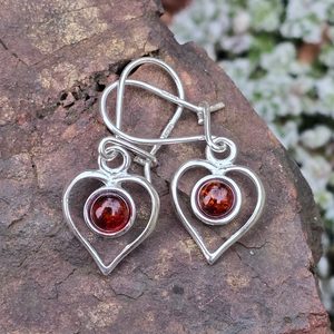 Heart, silver earrings, amber, Ag 925