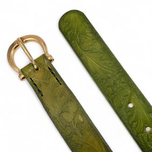 QUERCUS, Leather Belt with oak leaves, olive green