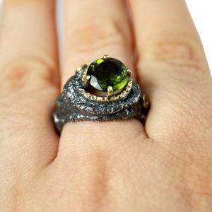 HERCINIA Silver Ring with Moldavite and Garnet, Ag 925/1000