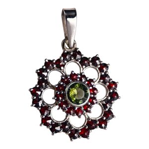 ROSETA, Moldavite, garnet, silver pendant
