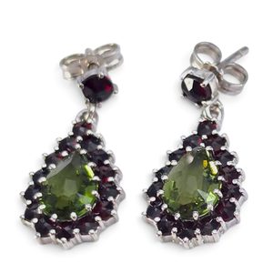 Silver Earrings with Moldavite and Garnet, Ag 925