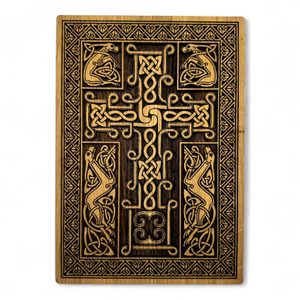 Celtic cross with dog motifs, wooden wall picture 21x30cm, knitted frame