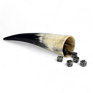 SIX FORGED DICE and a horn cup