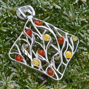 Autumn tree, silver pendant with amber, Ag 925