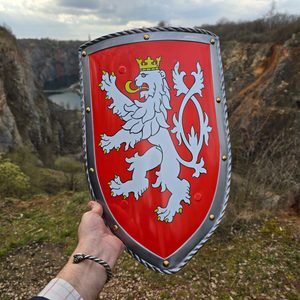 BOUCLIER MÉDIÉVAL - LION DE BOHÊME, MÉTAL, FAIT MAIN - BOUCLIERS PEINTS ET DÉCORATIFS{% if kategorie.adresa_nazvy[0] != zbozi.kategorie.nazev %} - ARMURES ET BOUCLIERS{% endif %}