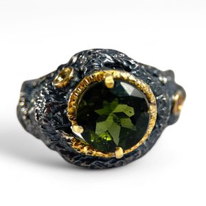 HERCINIA Silver Ring with Moldavite and Garnet, Ag 925/1000