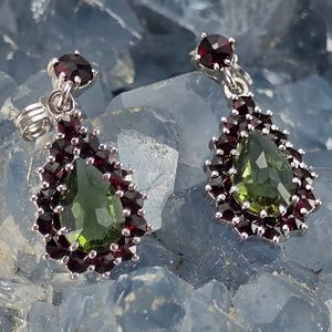 Silver Earrings with Moldavite and Garnet, Ag 925