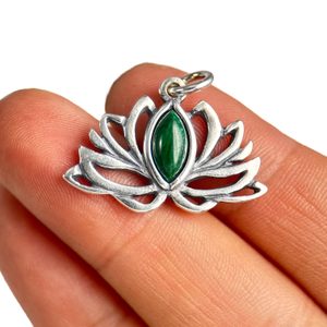 Sacred Lotus Flower, silver pendant - malachite