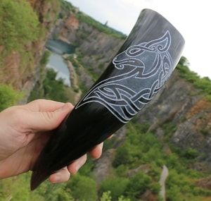 CELTIC WOLF, carved drinking horn