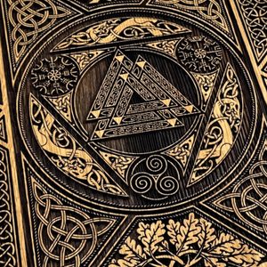 Valknut with oak leaves wall decoration, wood 32x46cm