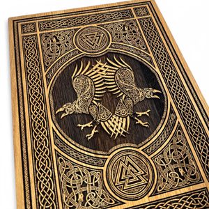 Huninn and Muninn with ornaments, wall decoration, wood 32x46cm