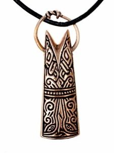 Fish-tail-shaped pendant with a ring, bronze