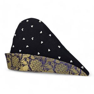 Medieval wool cap, brocade, feathers