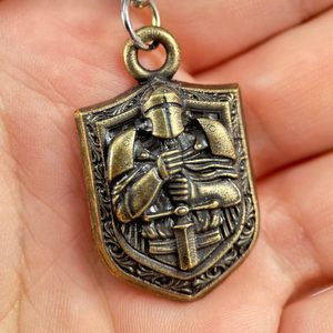 Knight in armour key ring, zinc old brass