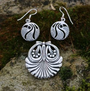 MUSCHEL, Prag Jugendstilschmuck, Anhänger und Ohrringe Silber 925
