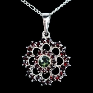 ROSETA, Moldavite, garnet, silver pendant