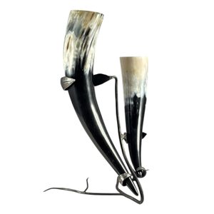 Wrought iron holder for two drinking horns