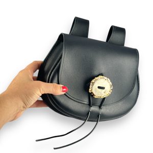 MEDIEVAL LEATHER BAG WITH ANTLER, black