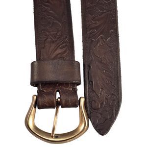 Oak, leather belt with oak decoration, brown, bronze