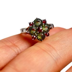 LIDIA, RING, Czech Moldavite, garnet, sterling silver
