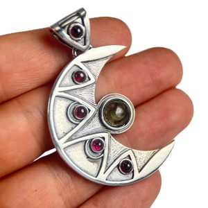 LUNA Pendant, Moldavite and Garnet, silver 925 11g