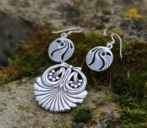 MUSCHEL, Prag Jugendstilschmuck, Anhänger und Ohrringe Silber 925