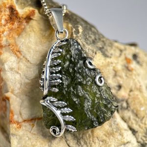 Fougère, pendentif en argent avec MOLDAVITE