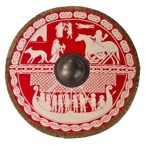 Painted Viking shield, plywood, linen, leather