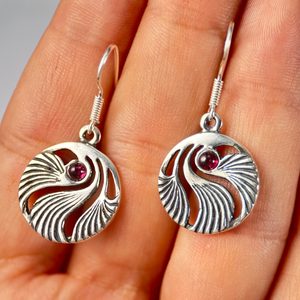 SHELL, Prague Art Nouveau, earrings silver 925, garnet