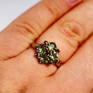 LIDIA, RING, Czech Moldavite, garnet, sterling silver
