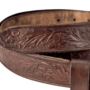 Oak, leather belt with oak decoration, brown, bronze