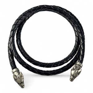 VIKING WOLF BRAIDED LEATHER BOLO, leather and pewter