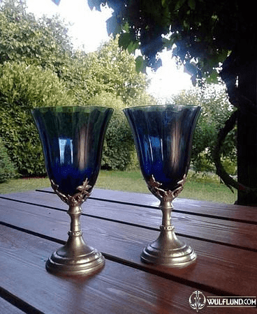 BLUE HUE, WINE GLASS, BLUE GLASS AND PEWTER