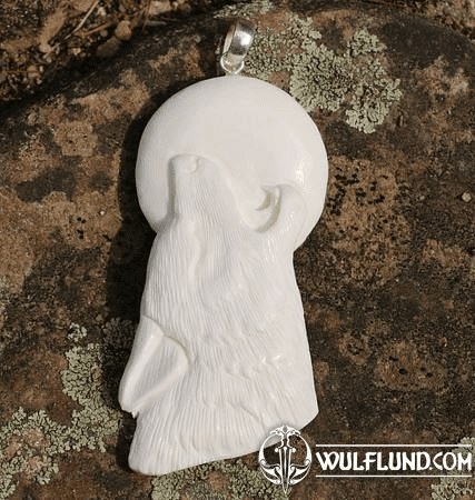 WOLF AND MOON, CARVED BONE PENDANT