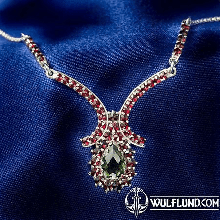 OPHELIA, CZECH MOLDAVITE, GARNET, SILVER NECKLACE