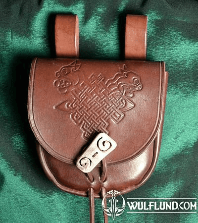 LEATHER BELT BAG WITH CELTIC BEASTS, BONE BUTTON, BROWN