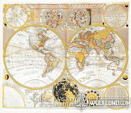 THE WORLD AND MOON PHASES, HISTORICAL MAP, REPLICA